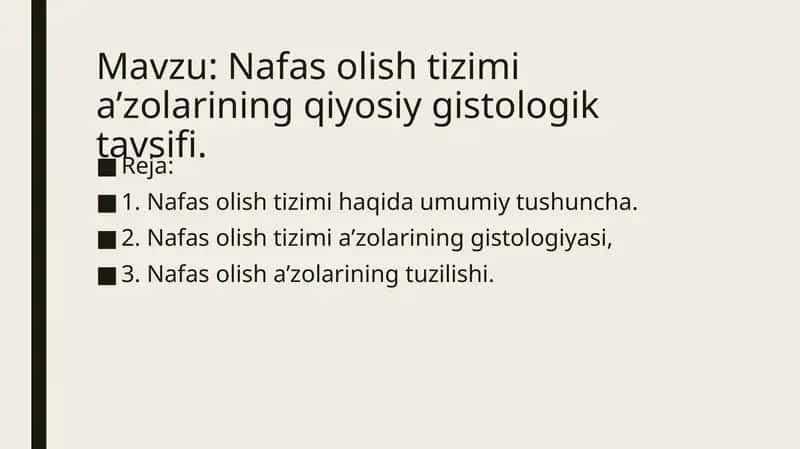 Nafas olish tizimi a’zolarining qiyosiy gistologik tavsifi. 1