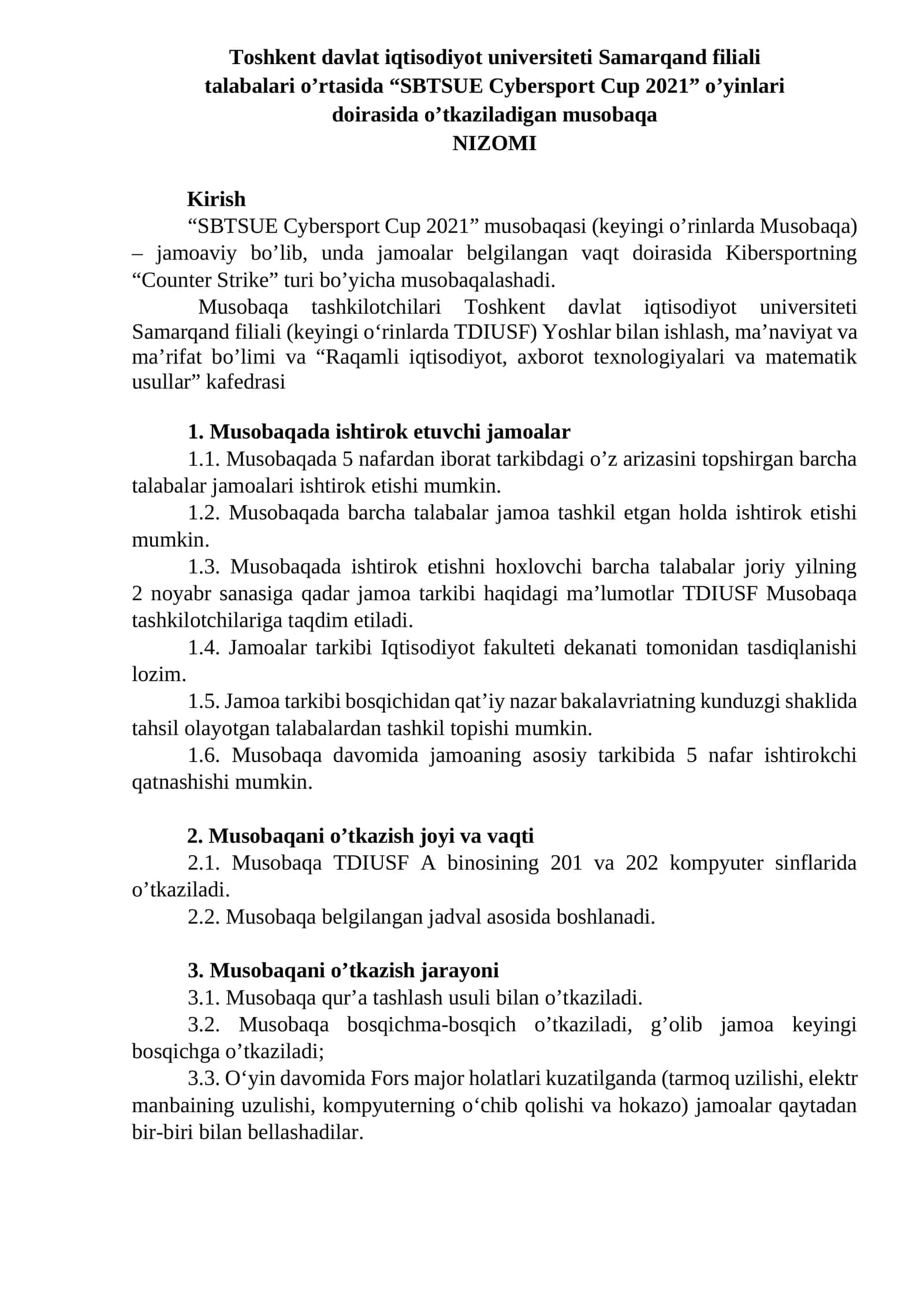 SBTSUE Cybersport Cup 2021 Musobaqasi Nizomi 1