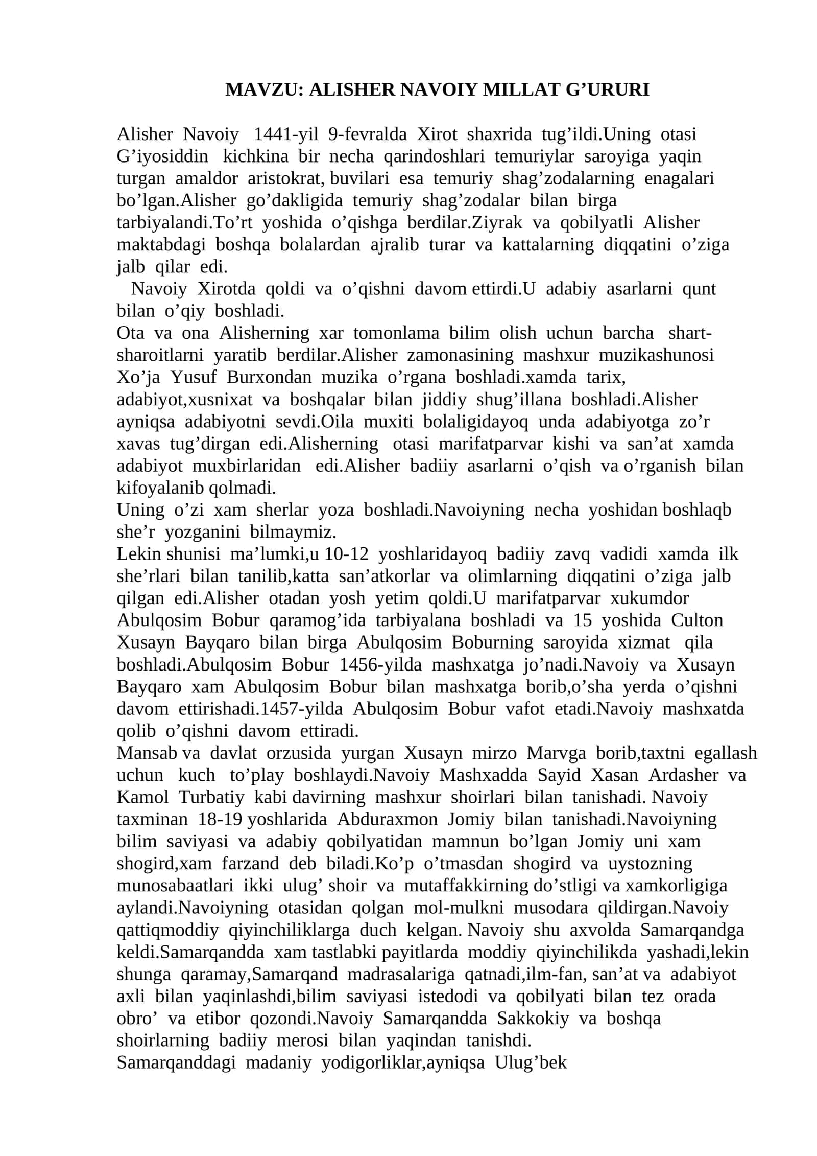 ALISHER NAVOIY MILLAT G’URURI 1