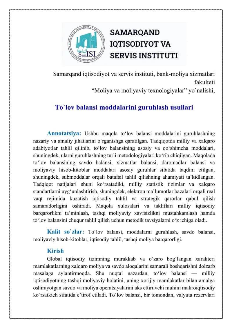 To`lov balansi moddalarini guruhlash usullari 1