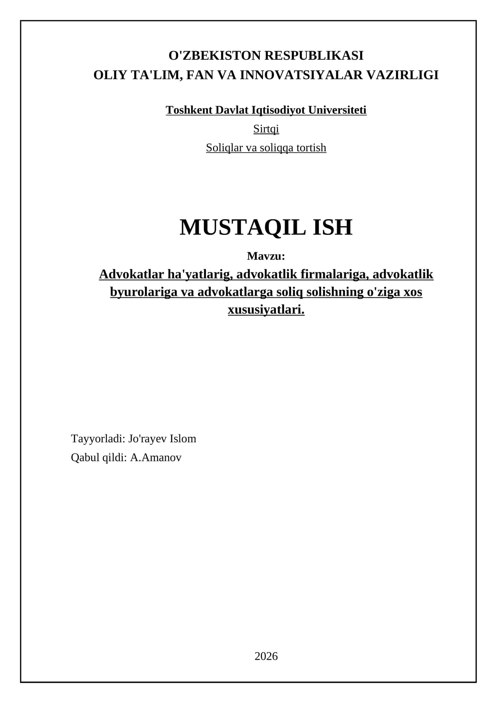 Advokatlar ha'yatlarig, advokatlik firmalariga, advokatlik byurolariga va advokatlarga soliq solishning o'ziga xos xususiyatlari 1