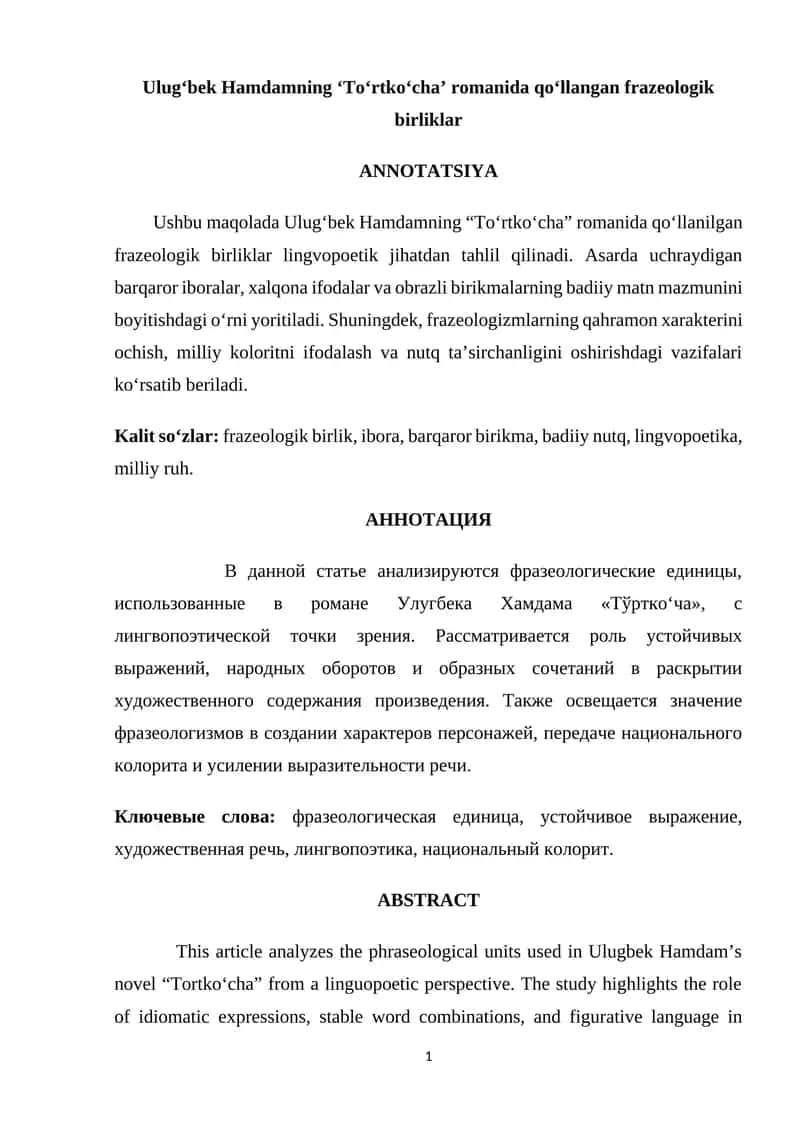 "To‘rtko‘cha" romanida qo‘llangan frazeologik birliklar 1