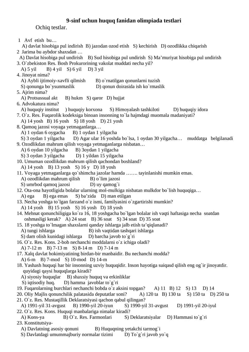 9-sinf uchun huquq fanidan olimpiada testlari 1