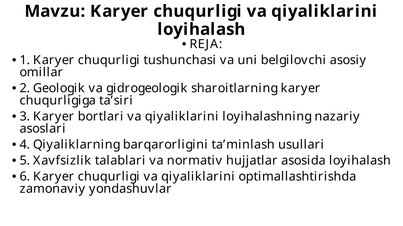 Karyer chuqurligi va qiyaliklarini loyihalash 1