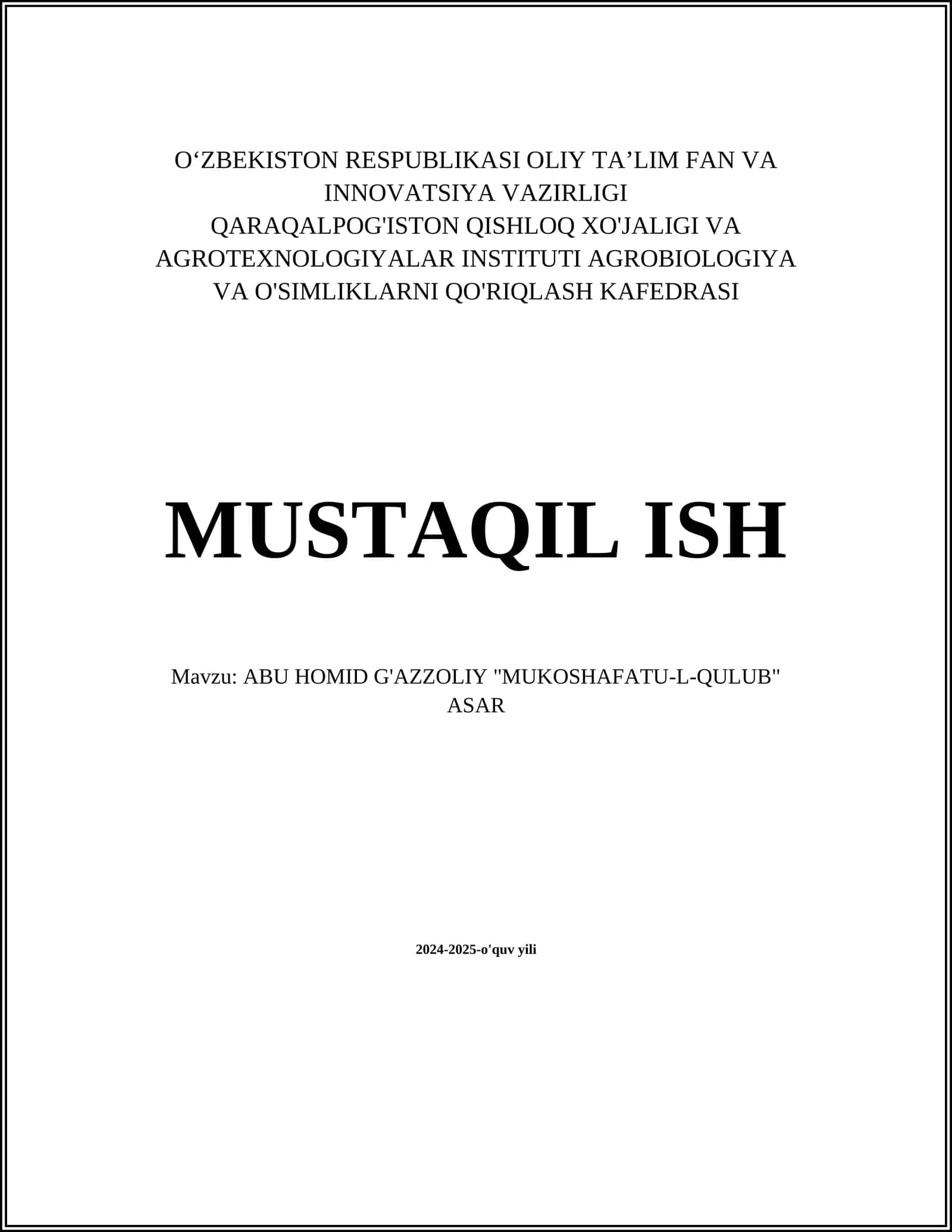 ABU HOMID G'AZZOLIY "MUKOSHAFATU-L-QULUB" ASAR 1