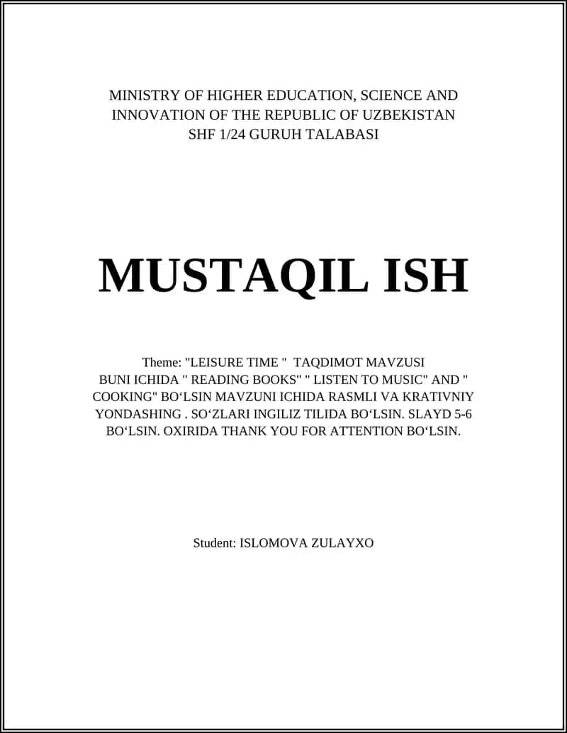 "LEISURE TIME " TAQDIMOT MAVZUSI 1