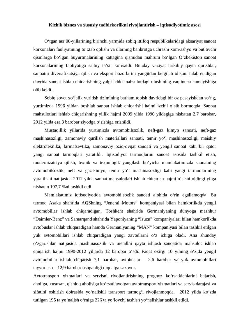 Kichik biznes va xususiy tadbirkorlikni rivojlantirish – iqtisodiyotimiz asosi 1