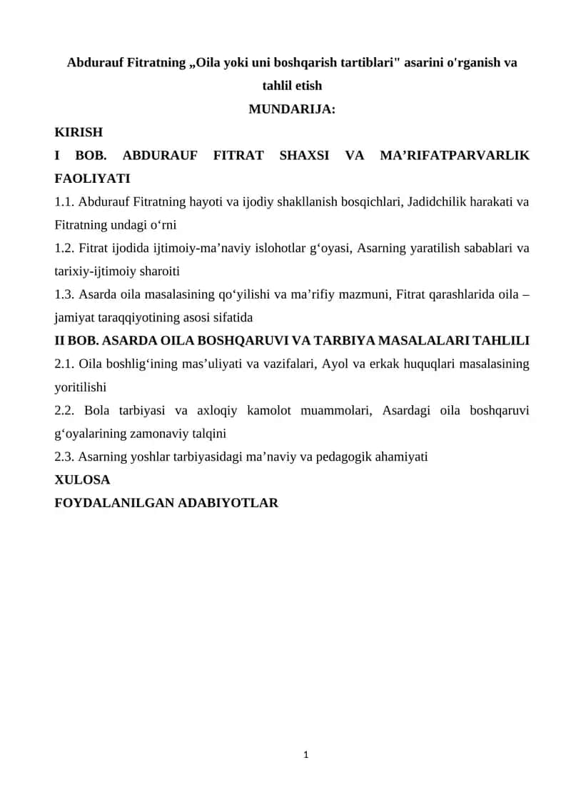 Abdurauf Fitratning „Oila yoki uni boshqarish tartiblari" asari 1