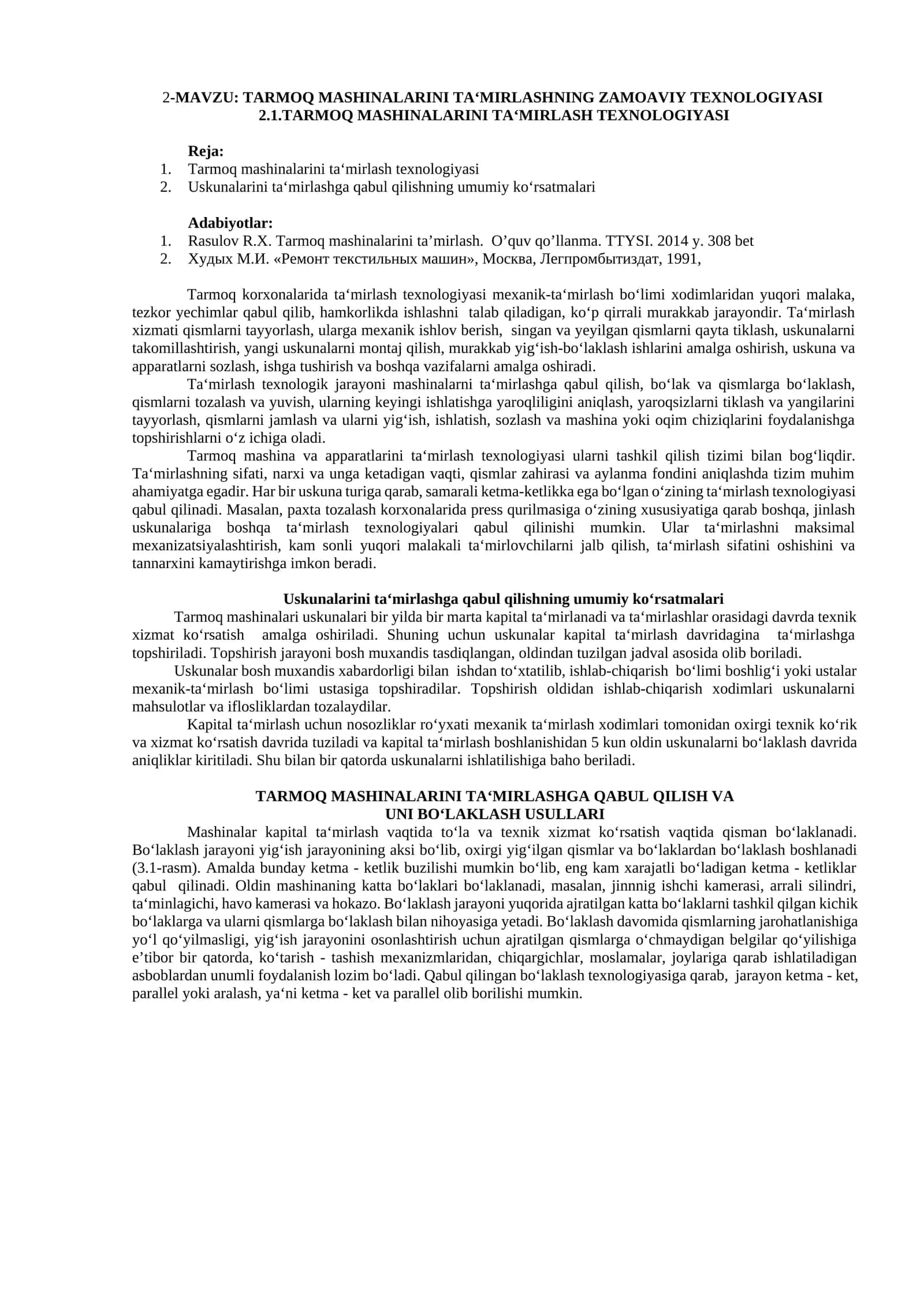 Tarmoq mashinalarini ta‘mirlashNING ZAMOAVIY texnologiyasi TARMOQ MASHINALARINI TA‘MIRLASH TEXNOLOGIYASI 1