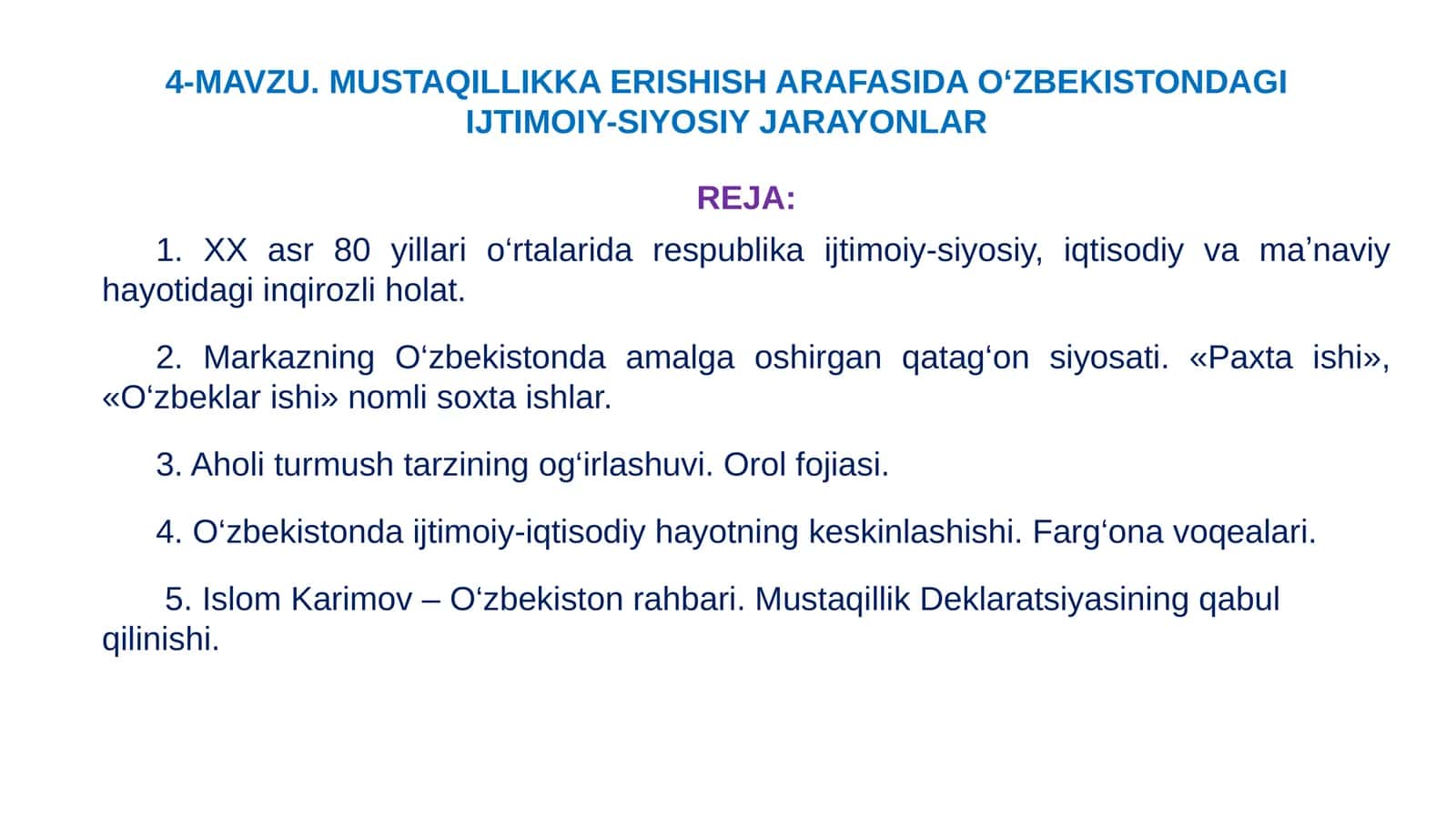 MAVZU.MUSTAQILLIKKA ERISHISH ARAFASIDA O‘ZBEKISTONDAGI IJTIMOIY-SIYOSIY JARAYONLAR 1
