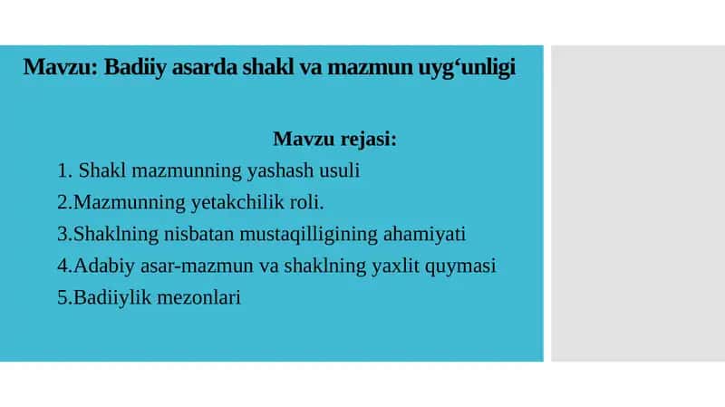 Badiiy asarda shakl va mazmun uyg‘unligi 1