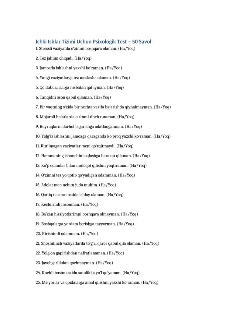 Ichki Ishlar Tizimi Uchun Psixologik Test – 50 Savol 1