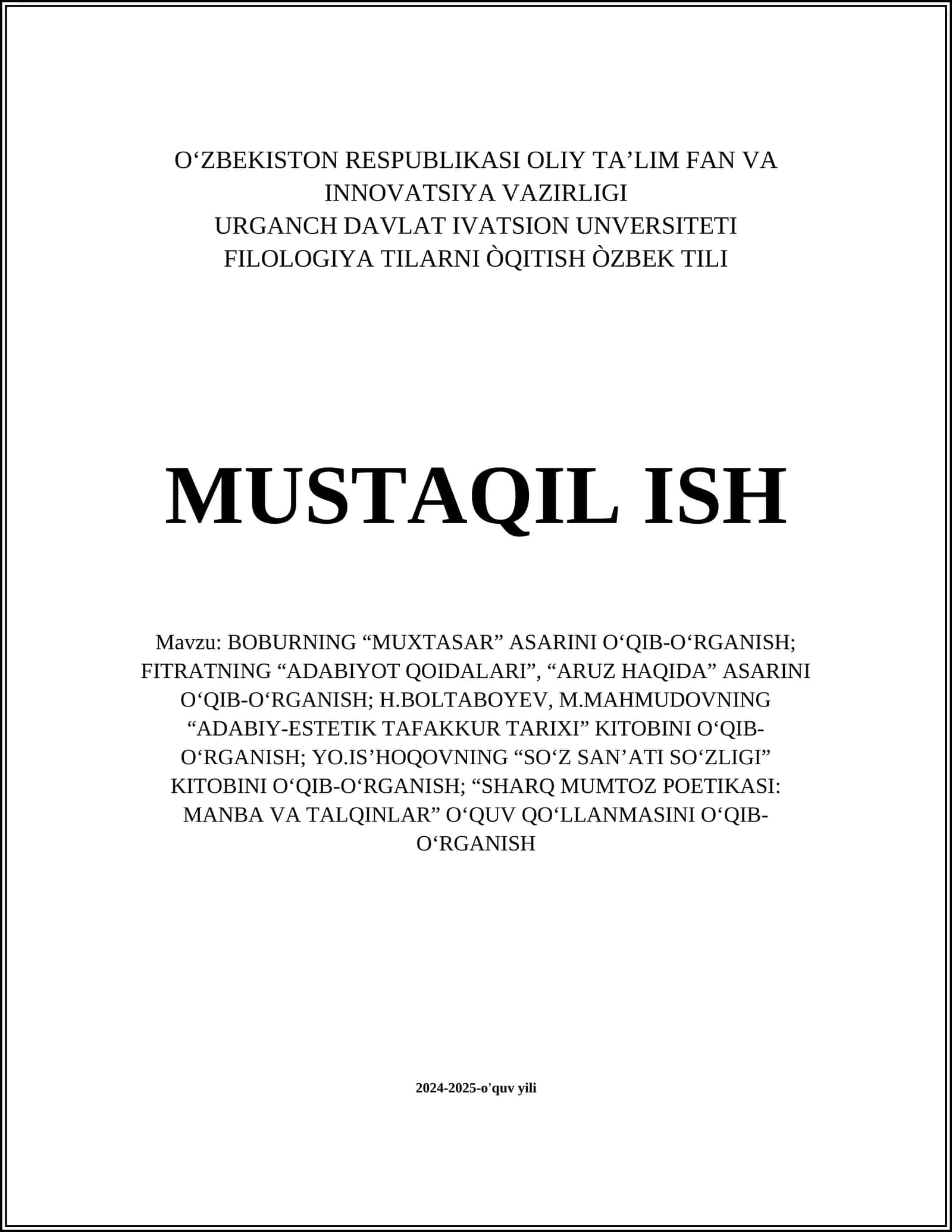 BOBURNING “MUXTASAR” ASARINI O‘QIB-O‘RGANISH 1