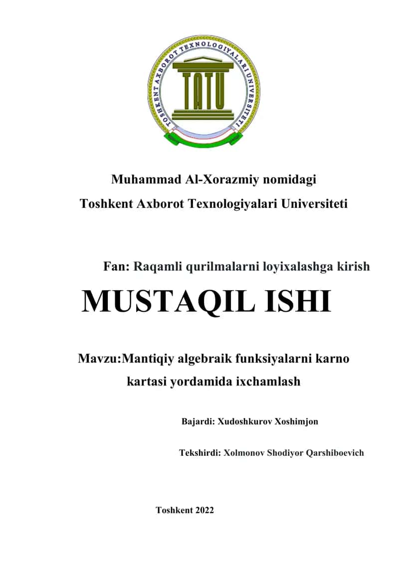 Mantiqiy algebraik funksiyalarni karno kartasi yordamida ixchamlash 1