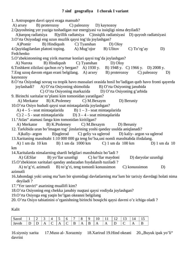 7 sinf geografiya I chorak I variant 1