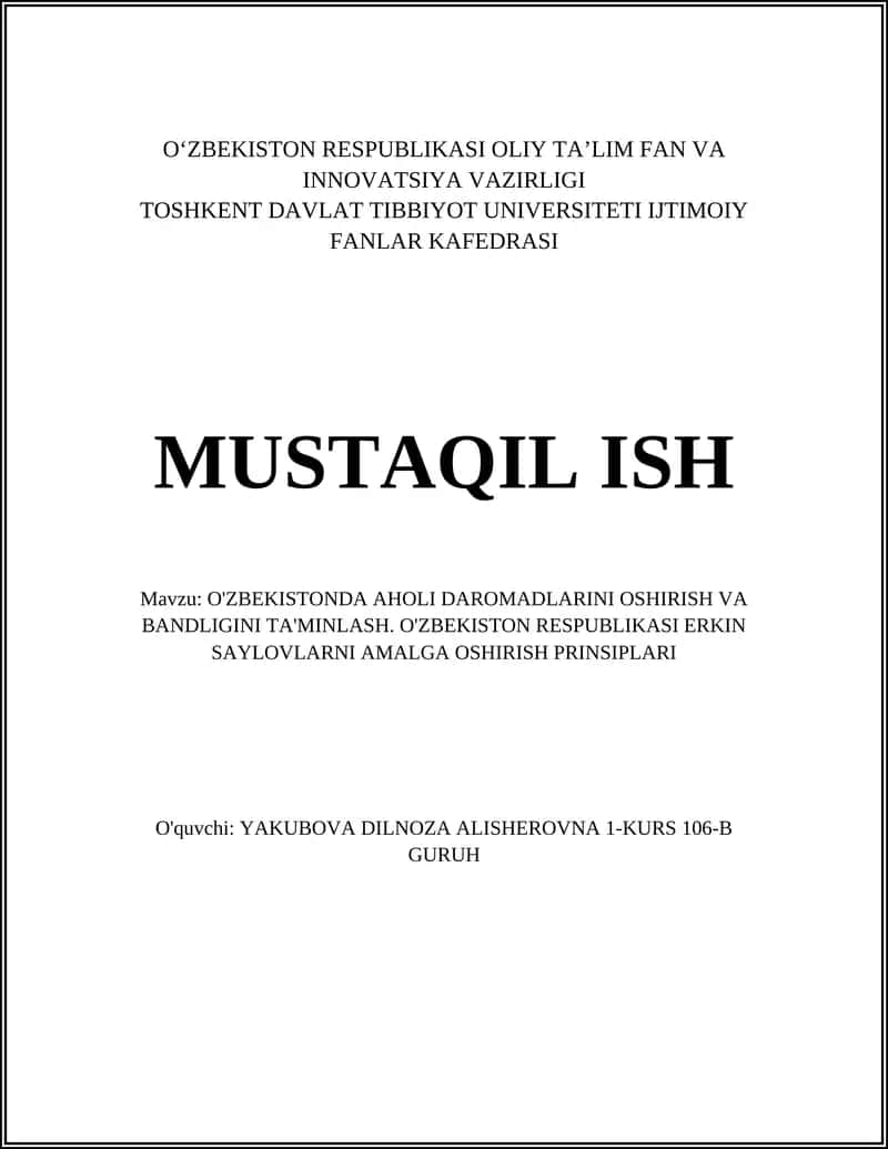 O'ZBEKISTONDA AHOLI DAROMADLARINI OSHIRISH VA BANDLIGINI TA'MINLASH 1