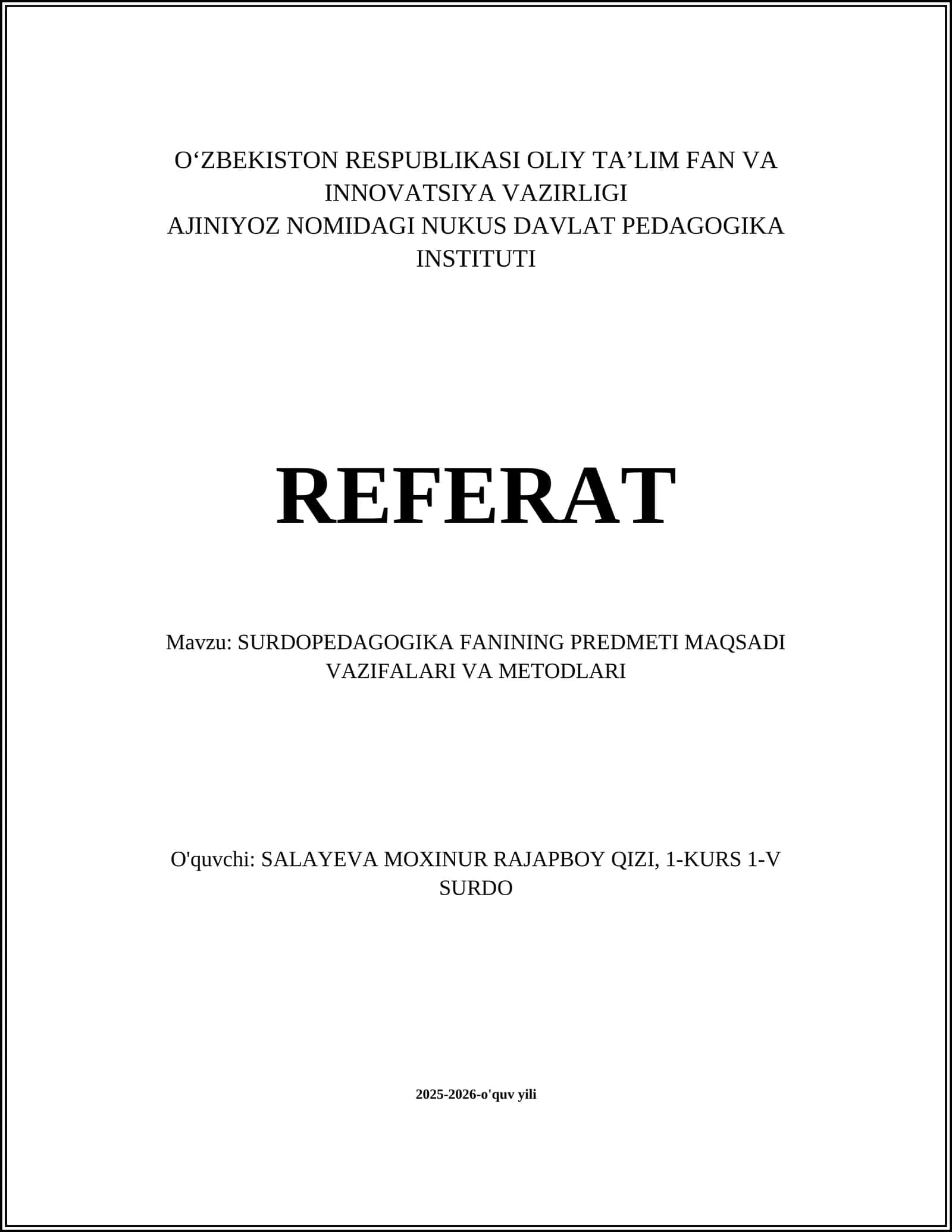 SURDOPEDAGOGIKA FANINING PREDMETI MAQSADI VAZIFALARI VA METODLARI 1