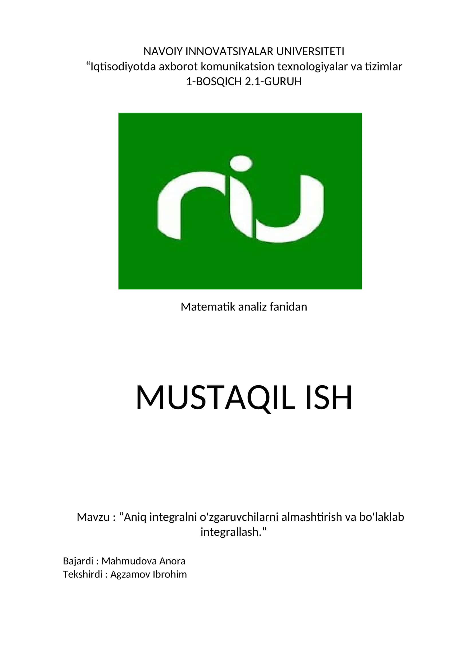 Aniq integralni o'zgaruvchilarni almashtirish va bo'laklab integrallash 1