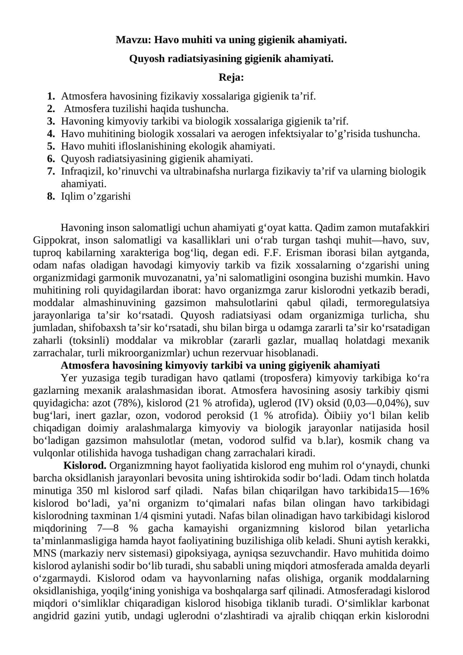 Havo muhiti va uning gigienik ahamiyati 1