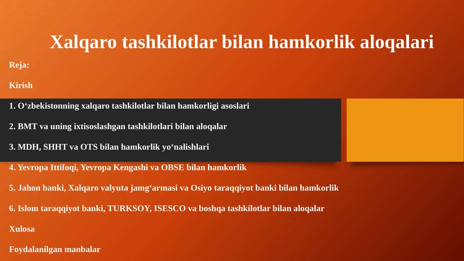 Xalqaro tashkilotlar bilan hamkorlik aloqalari 1