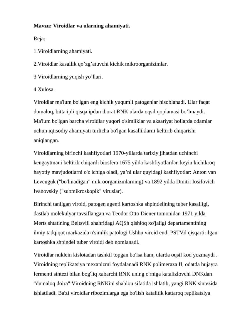 Viroidlar va ularning ahamiyati. 1