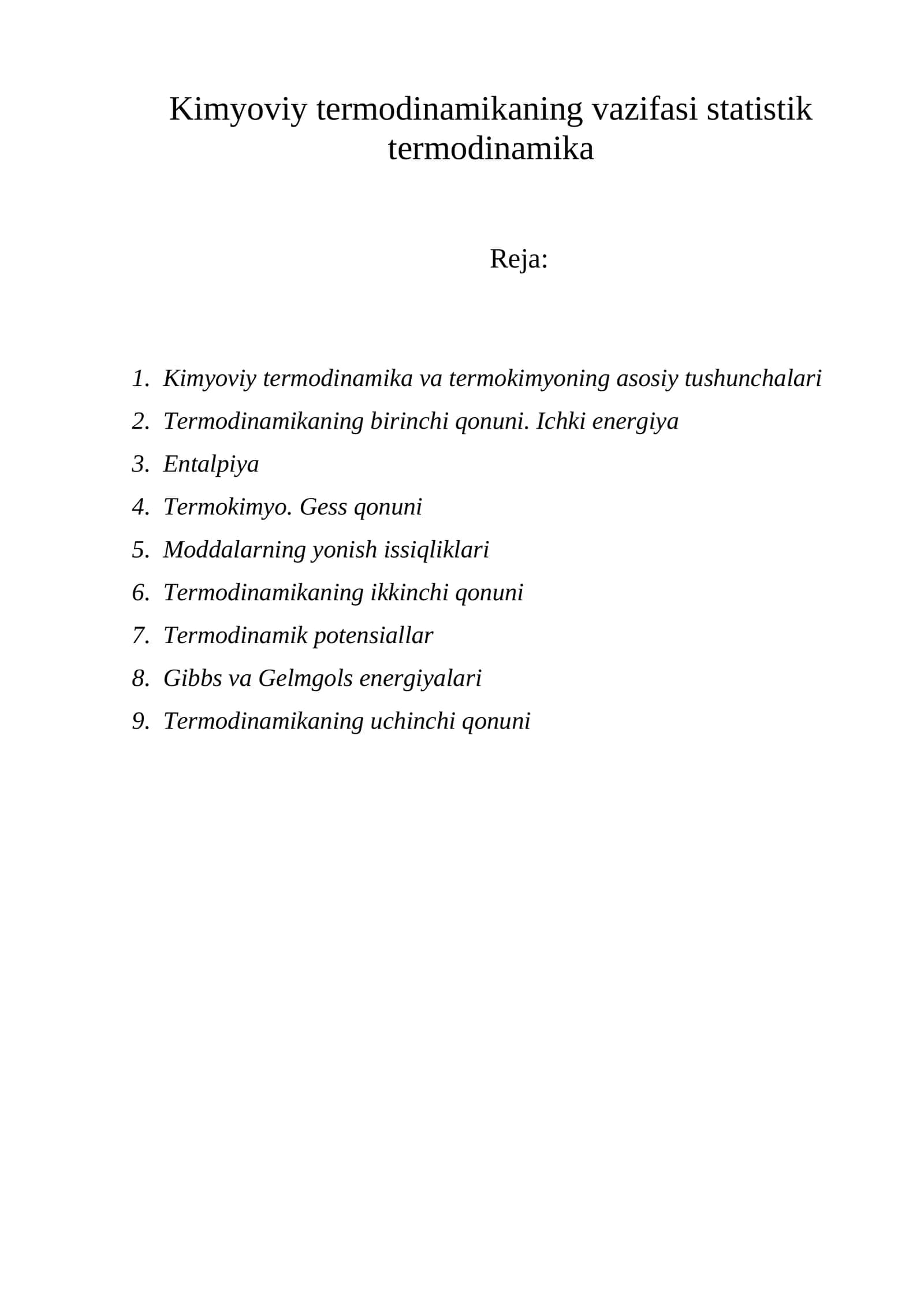 Kimyoviy termodinamika va termokimyoning asosiy tushunchalari 1