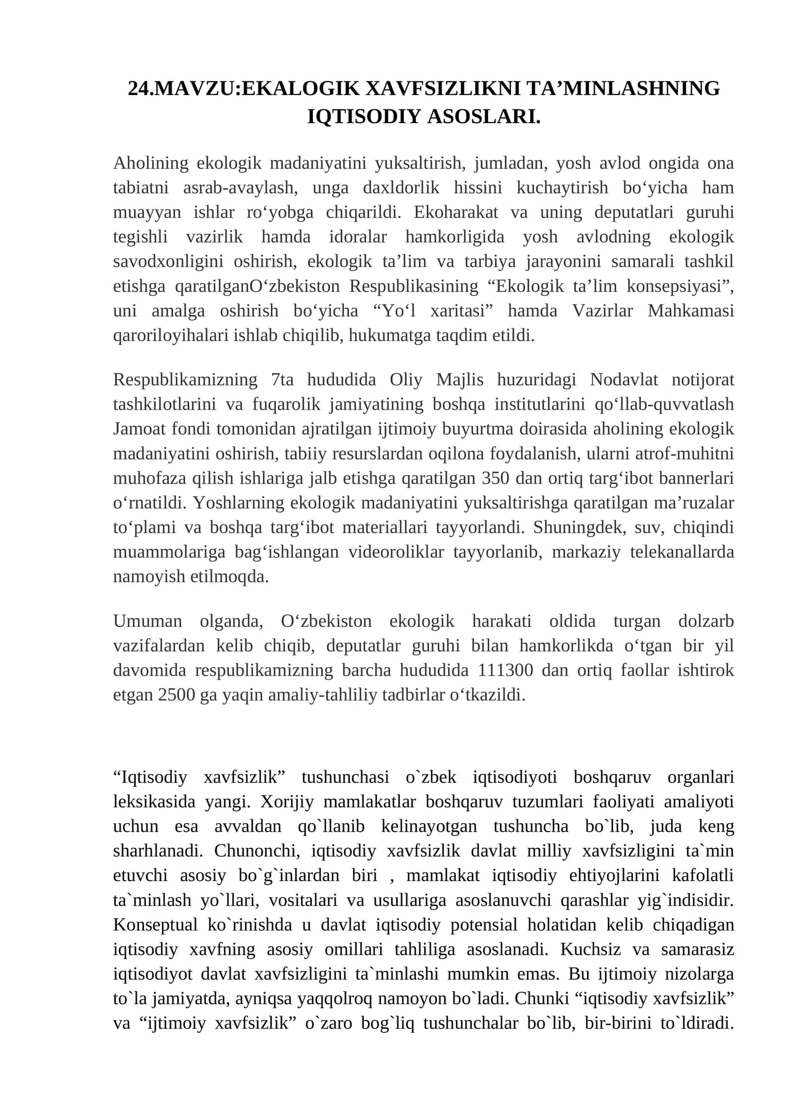 EKALOGIK XAVFSIZLIKNI TA’MINLASHNING IQTISODIY ASOSLARI 1