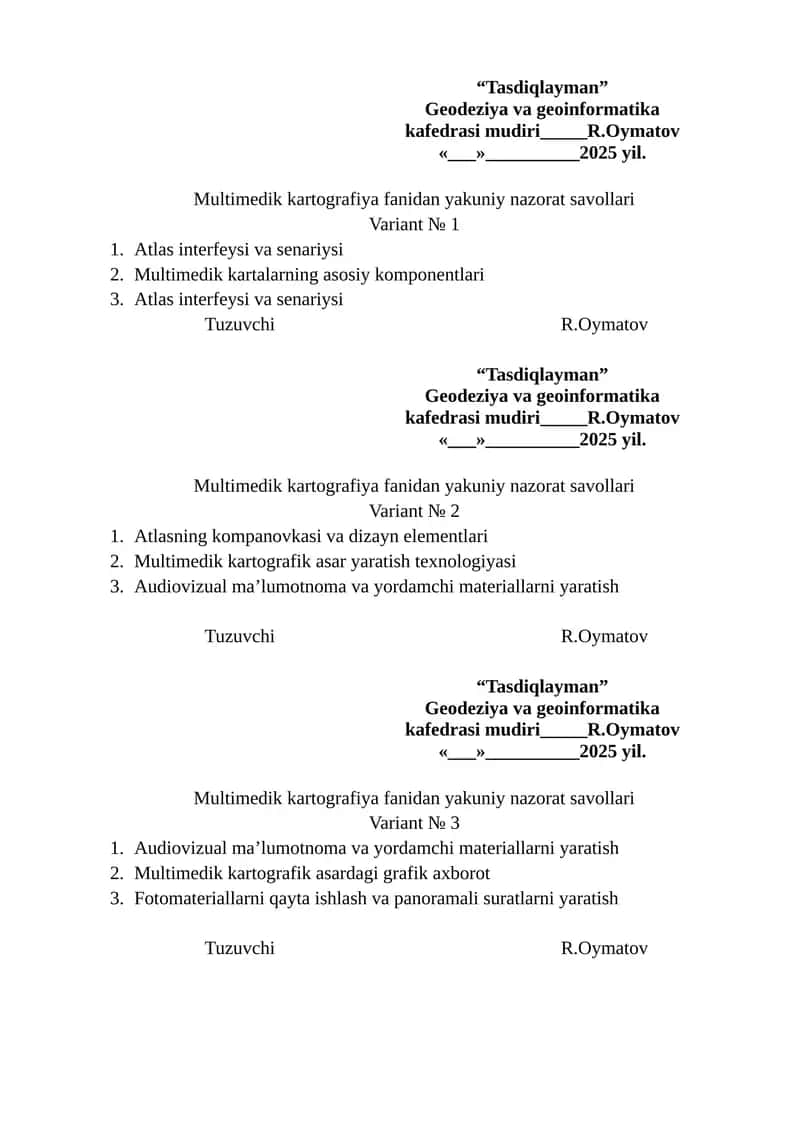 Multimedik kartografiya fanidan yakuniy nazorat savollari 1