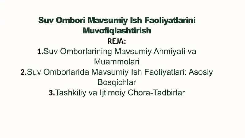 Suv Ombori Mavsumiy Ish Faoliyatlarini Muvofiqlashtirish 1