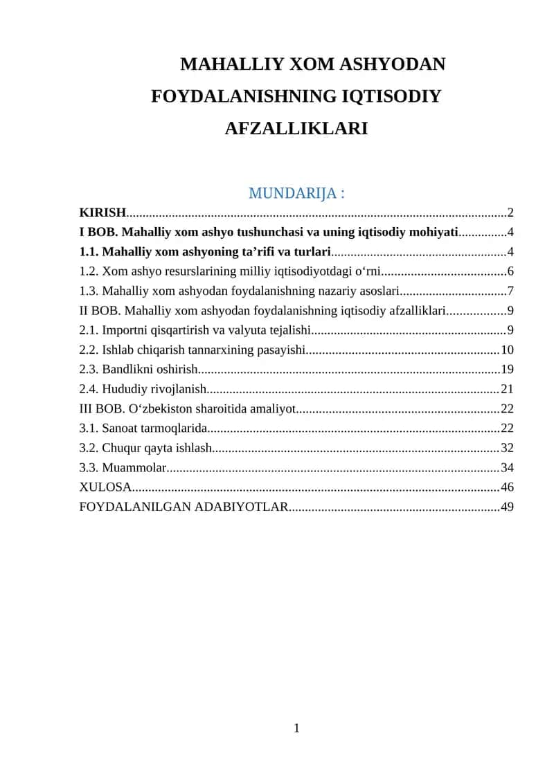 MAHALLIY XOM ASHYODAN FOYDALANISHNING IQTISODIY AFZALLIKLARI 1