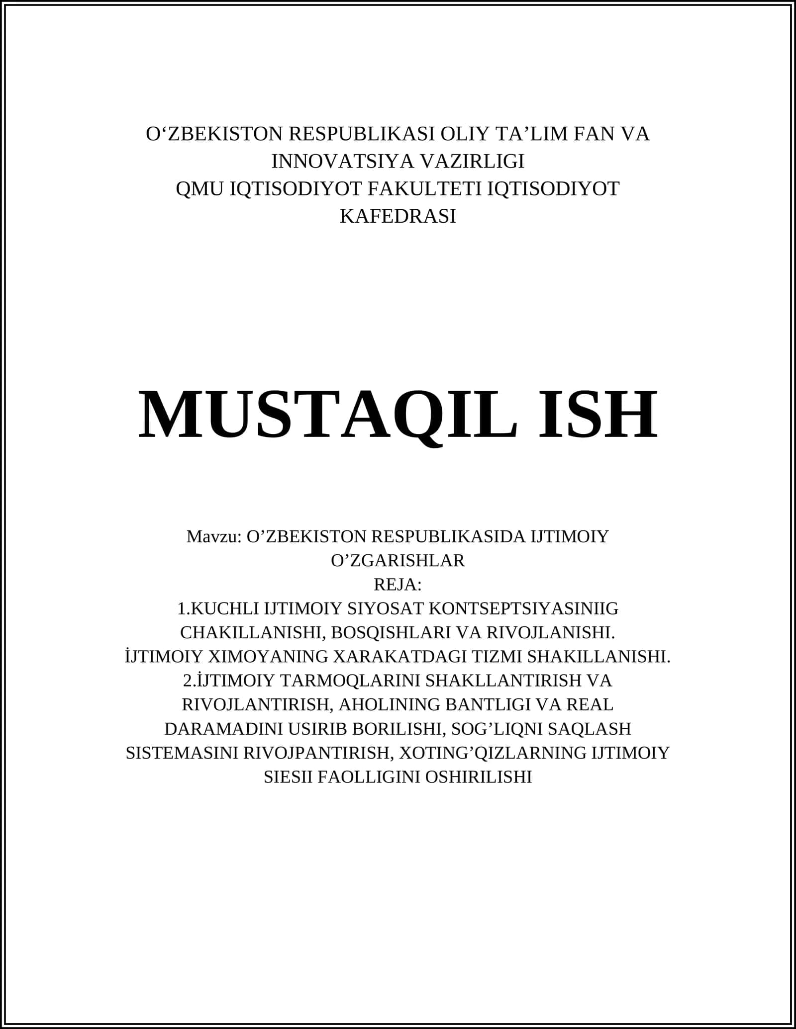 O'ZBEKISTON RESPUBLIKASI IJTIMOIY O'ZGARISHLAR 1