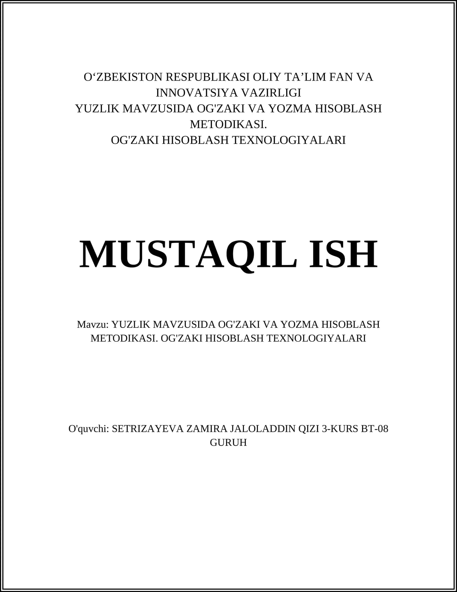 OG'ZAKI VA YOZMA HISOBLASH METODIKASI 1