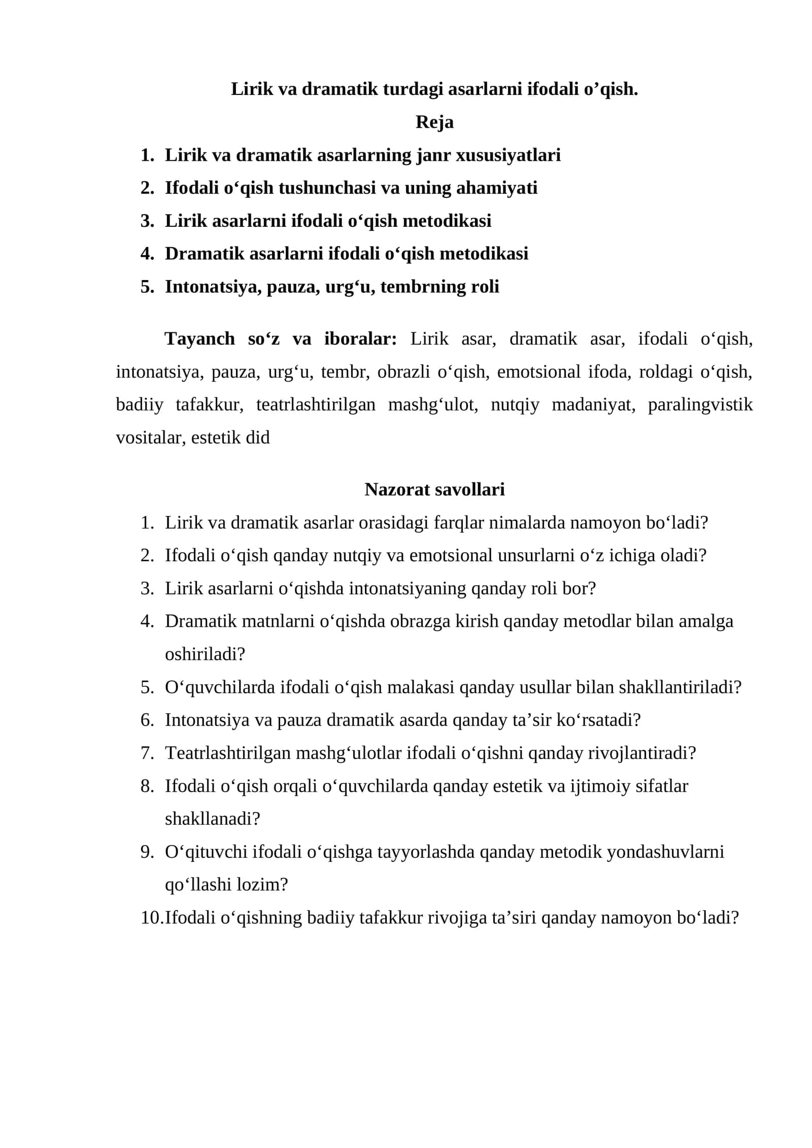 Lirik va dramatik turdagi asarlarni ifodali o’qish 1