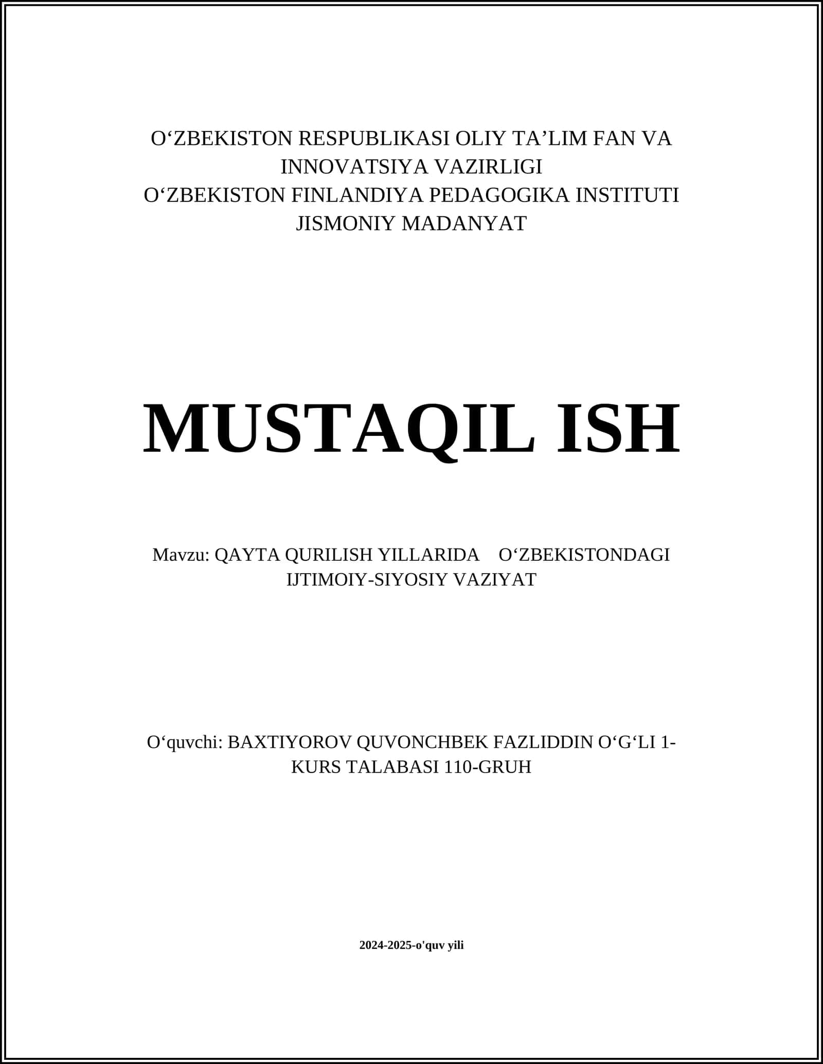 QAYTA QURILISH YILLARIDA OʻZBEKISTONDAGI IJTIMOIY-SIYOSIY VAZIYAT 1
