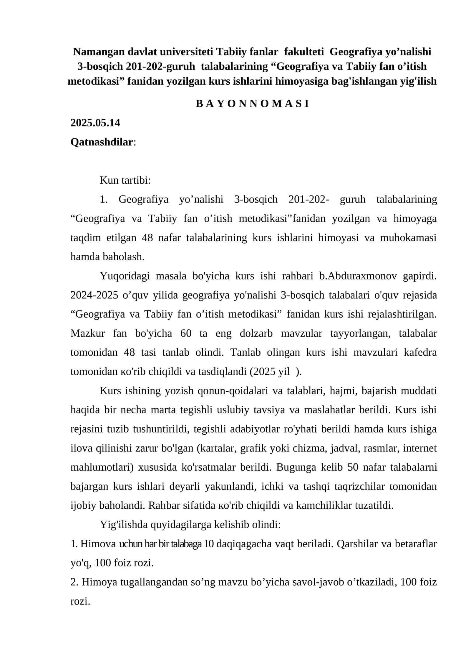 Geografiya va Tabiiy fan o’itish metodikasi kurs ishlari 1