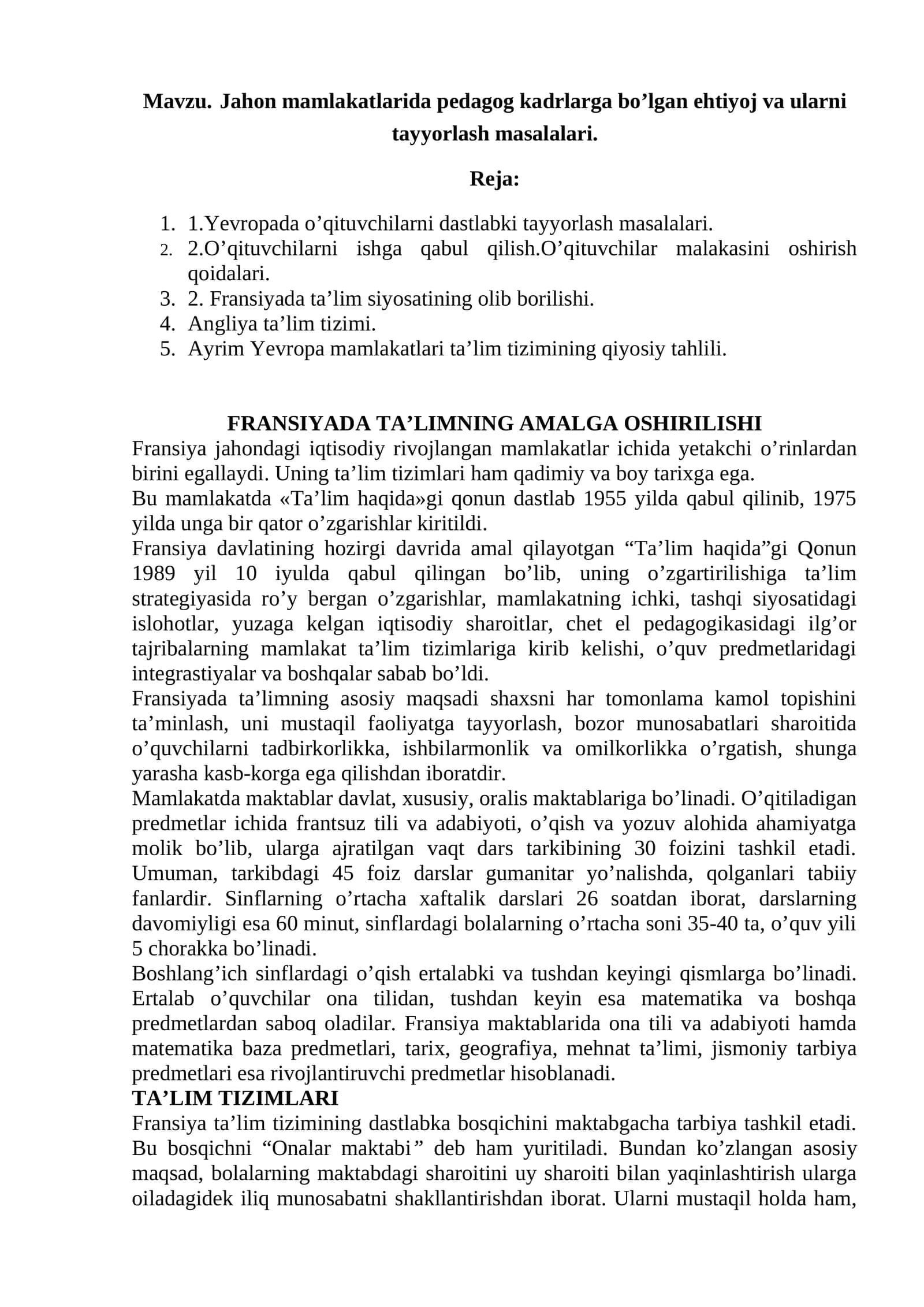 Fransiyada ta’limning amalga oshirilishi 1