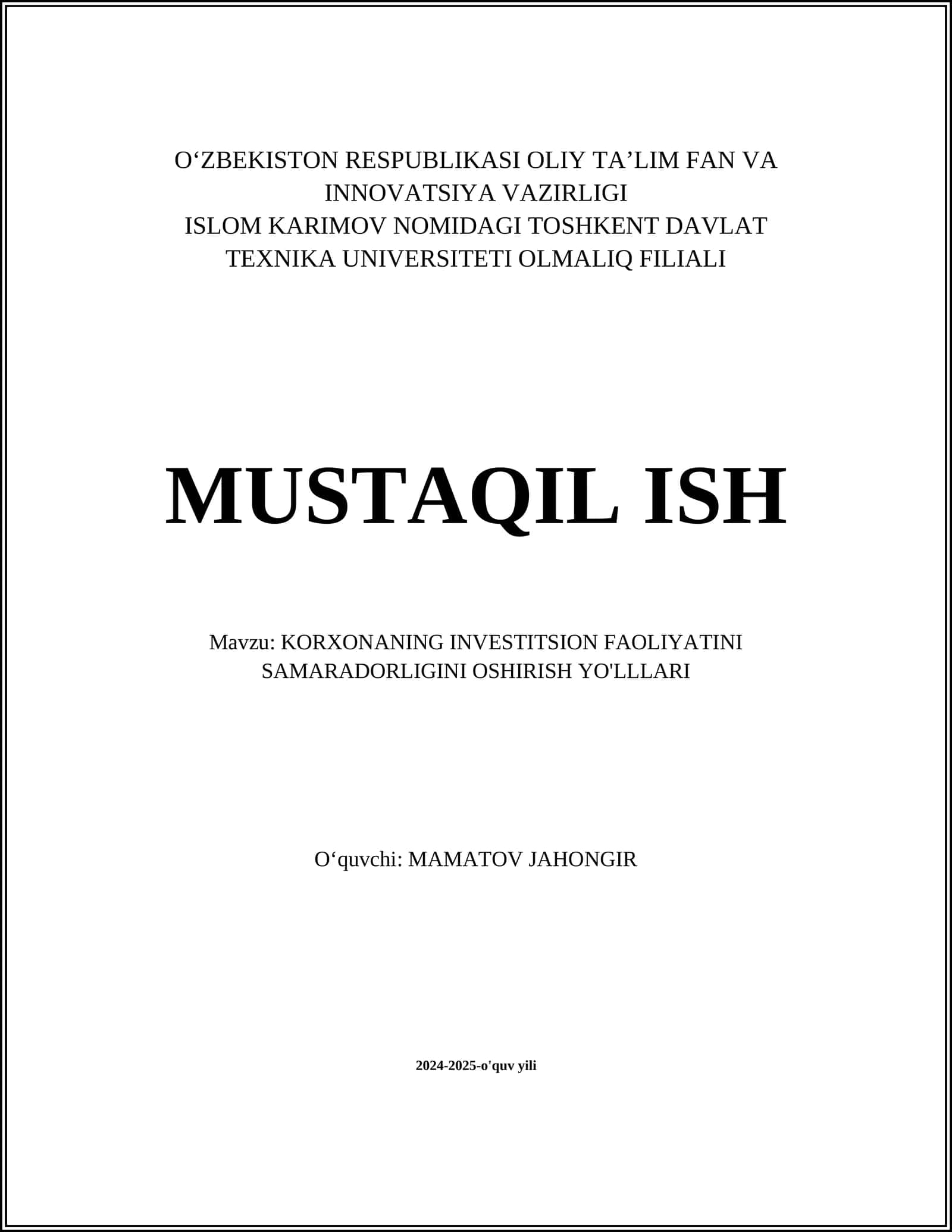 KORXONANING INVESTITSION FAOLIYATINI SAMARADORLIGINI OSHIRISH YO'LLLARI 1
