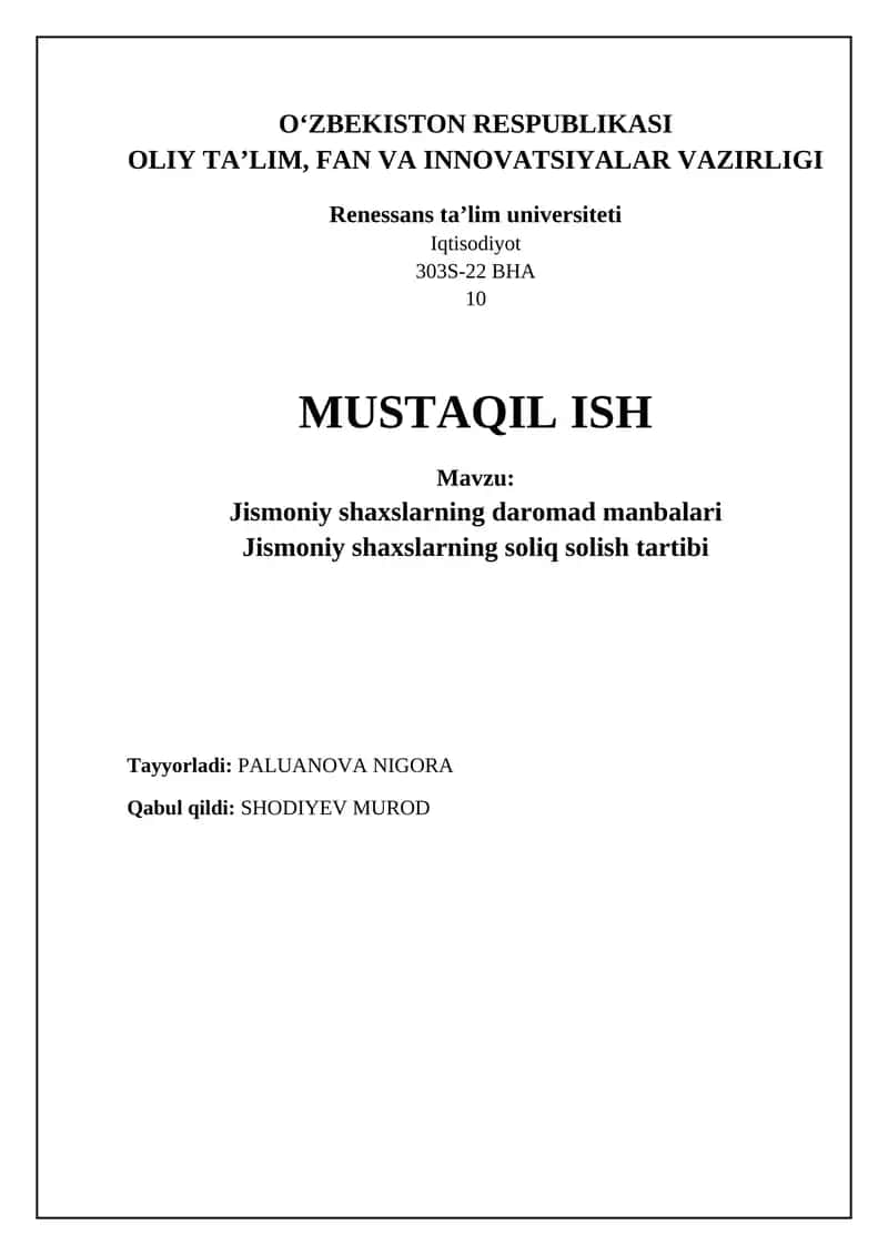 Jismoniy shaxslarning daromad manbalari va ularning soliqqa tortish tartibi 1