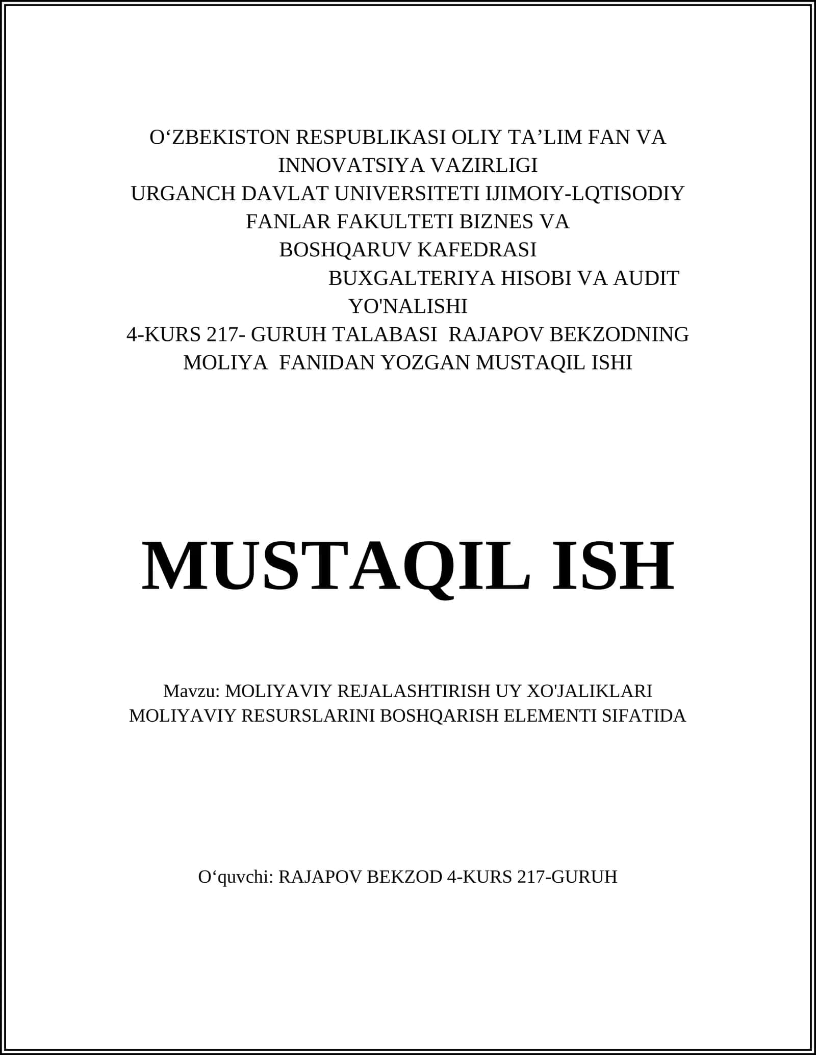 MOLIYAVIY REJALASHTIRISH UY XO'JALIKLARI 1
