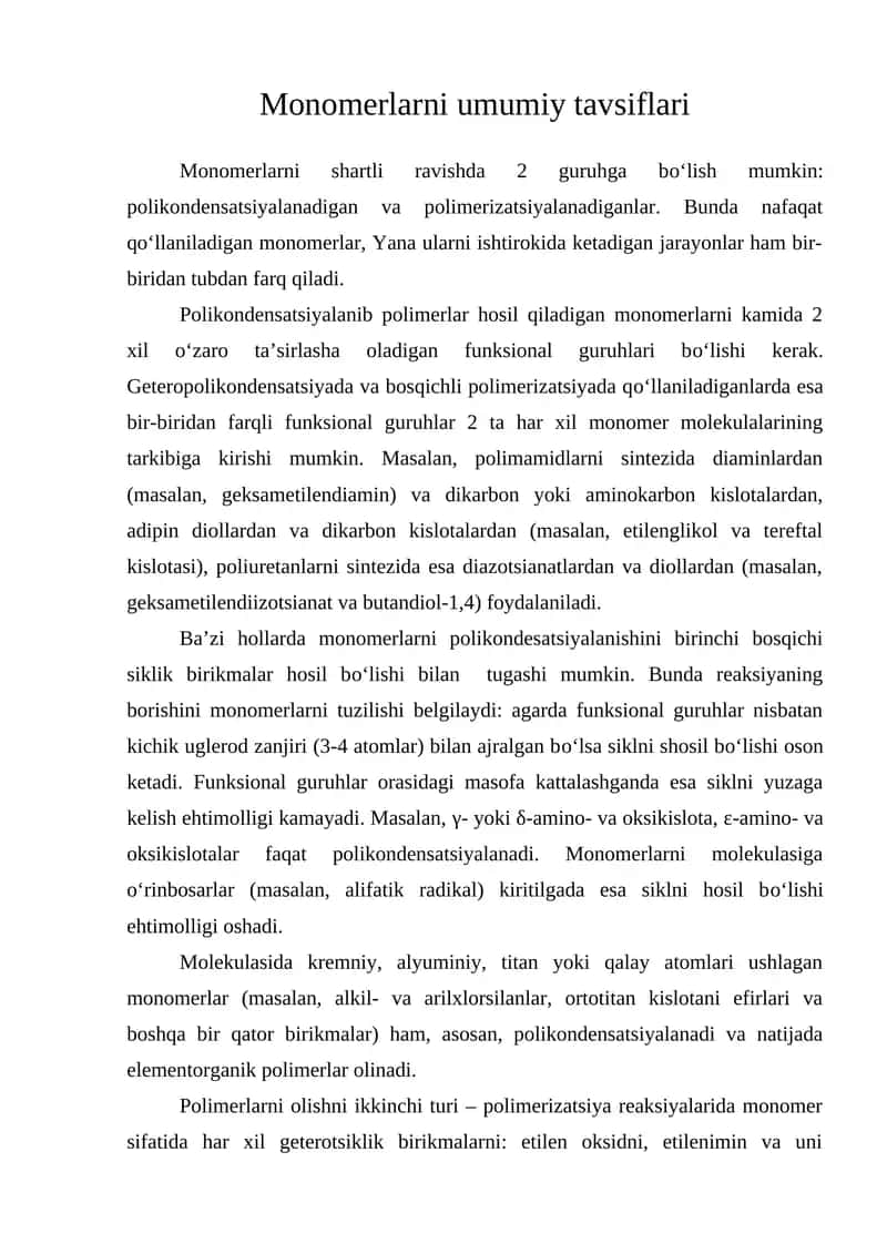 Monomerlarni umumiy tavsiflari 1