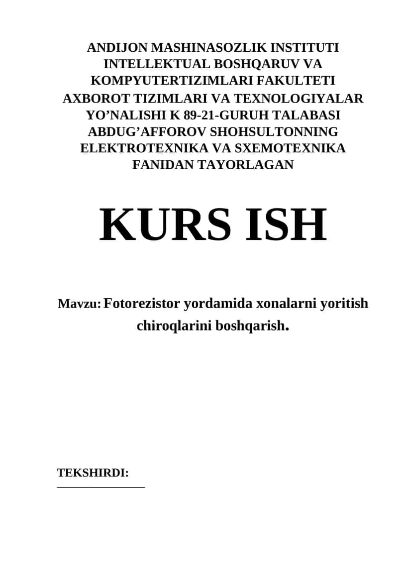 Fotorezistor yordamida xonalarni yoritish chiroqlarini boshqarish 1