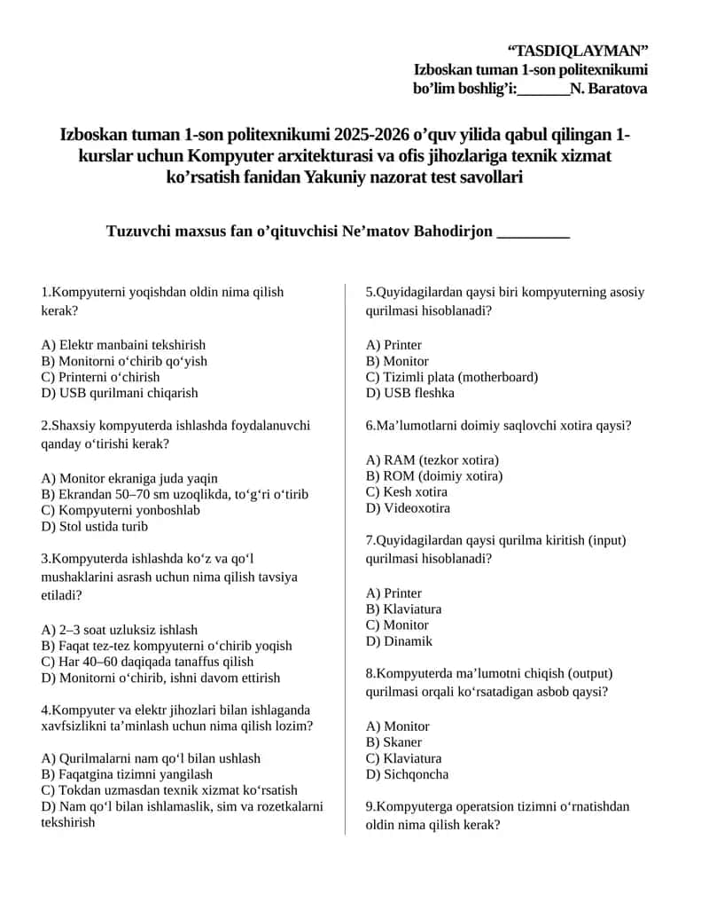 Kompyuter arxitekturasi Yakuniy nazorat 1