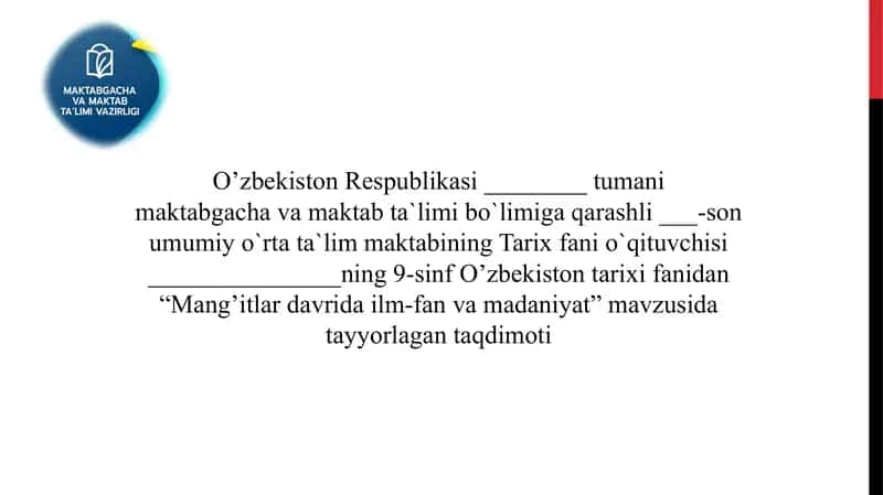 Mang'itlar davrida ilm-fan va madaniyat mikro dars ishlanma 1