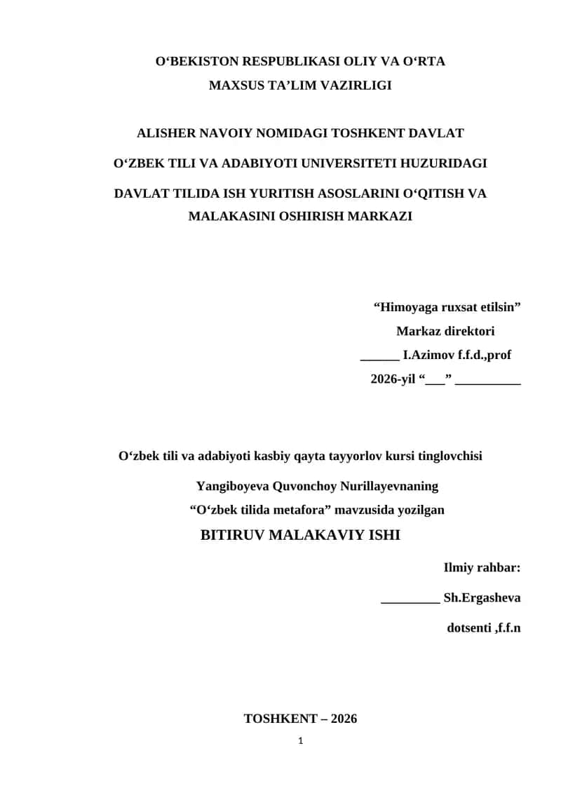 "Oʻzbek tilida metafora" mavzusida yozilgan BITIRUV MALAKAVIY ISHI 1