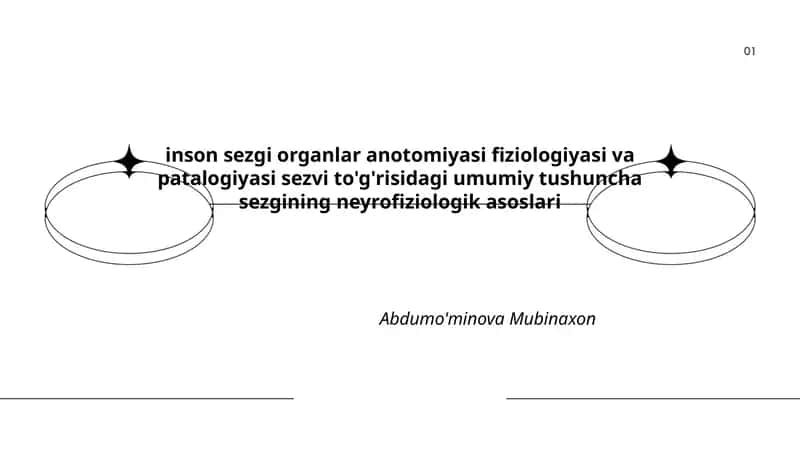 Inson sezgi organlar anotomiyasi fiziologiyasi va patalogiyasi sezvi to'g'risidagi umumiy tushuncha sezgining neyrofiziologik asoslari Abdumo'minova Mubinaxon 1