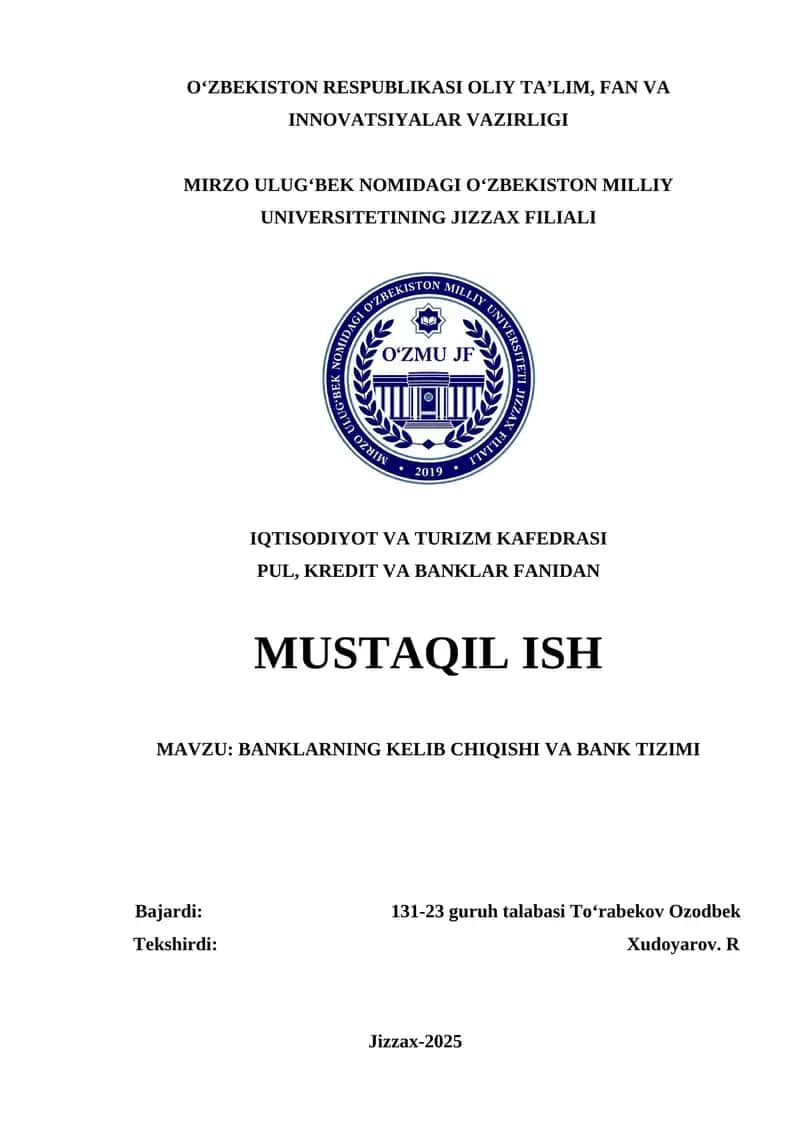 BANKLARNING KELIB CHIQISHI VA BANK TIZIMI 1