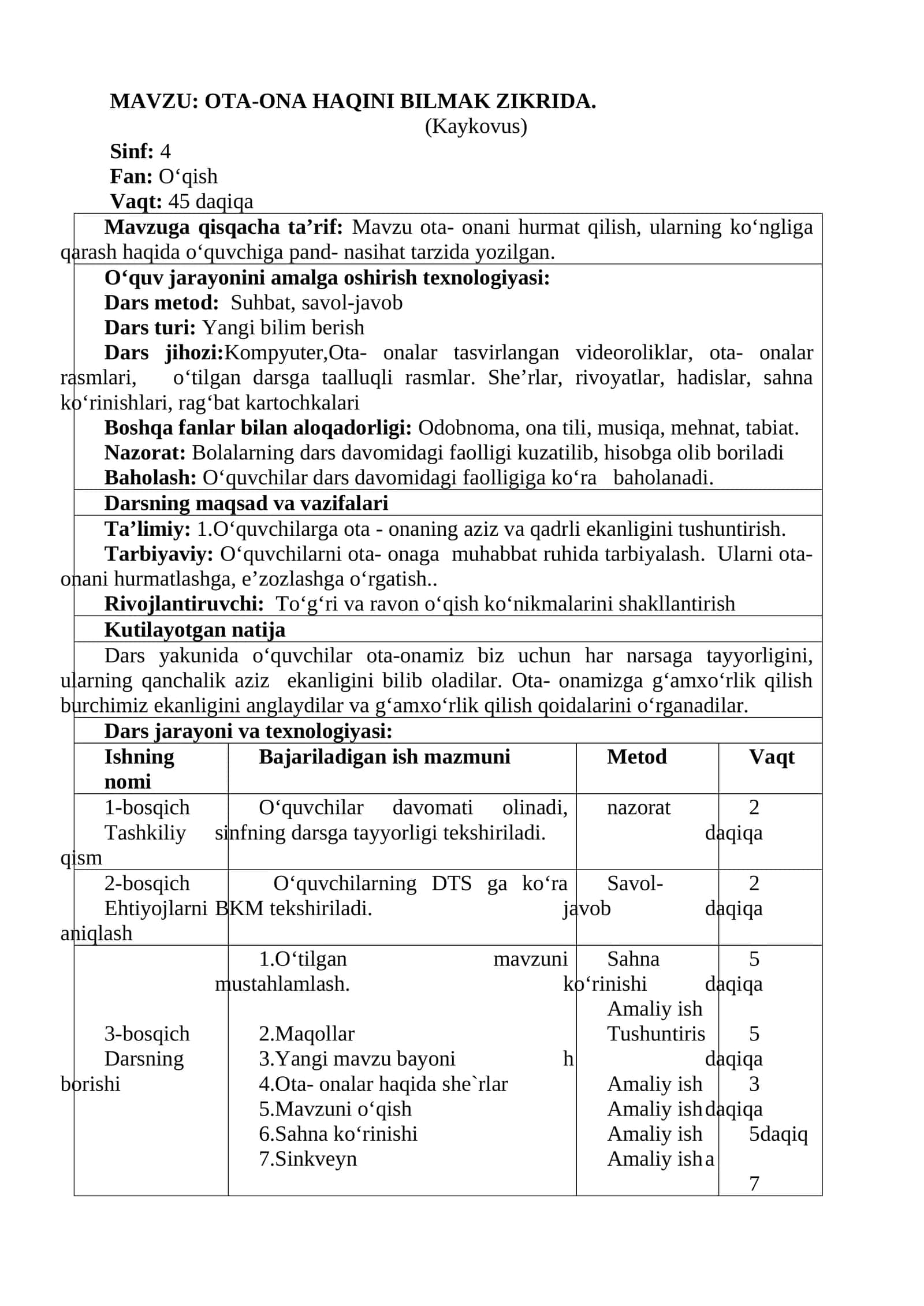 4-sinf O'qish fanidan Ota-ona haqini bilmak zikrida ochiq dars ishlanma 1