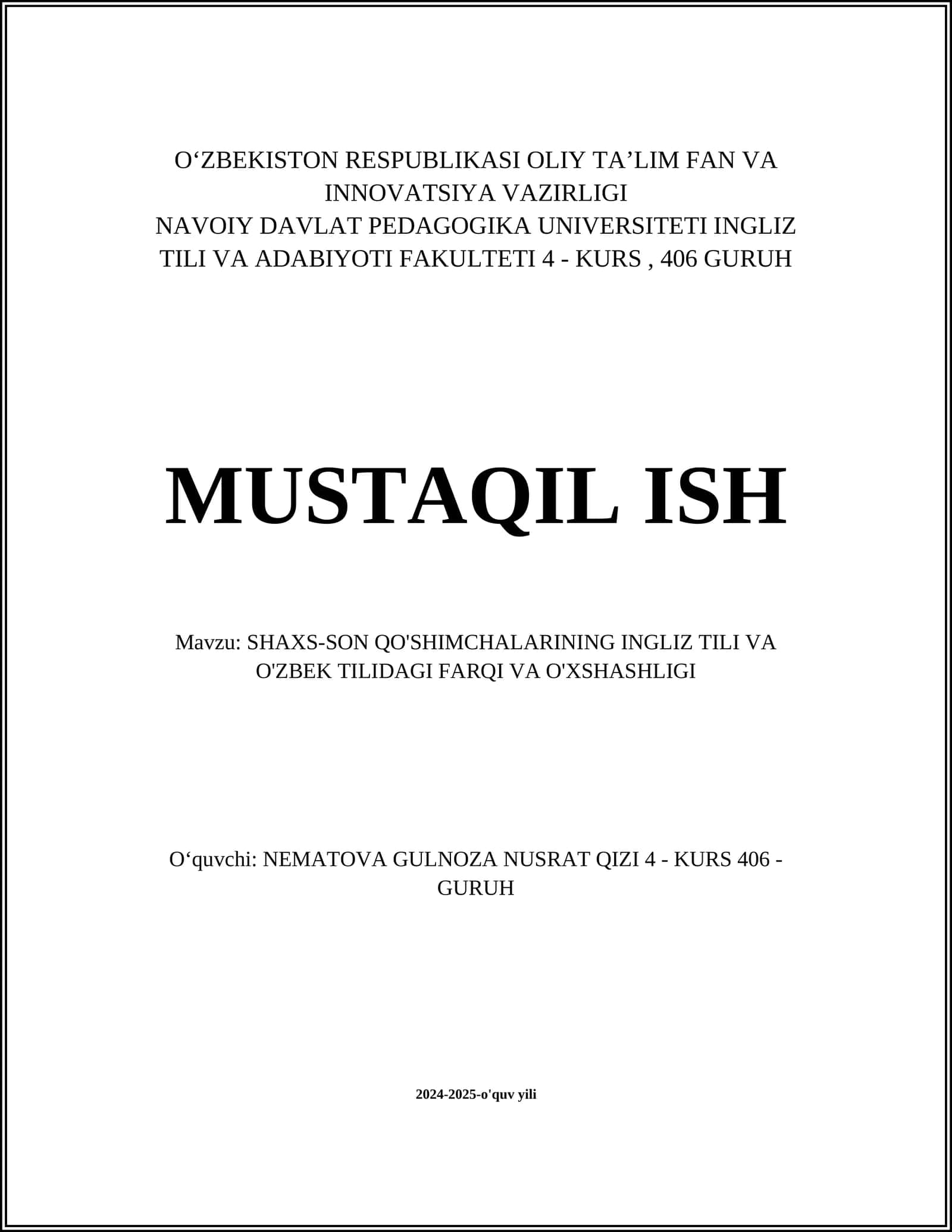 SHAXS-SON QO'SHIMCHALARINING INGLIZ TILI VA O'ZBEK TILIDAGI FARQI VA O'XSHASHLIGI 1