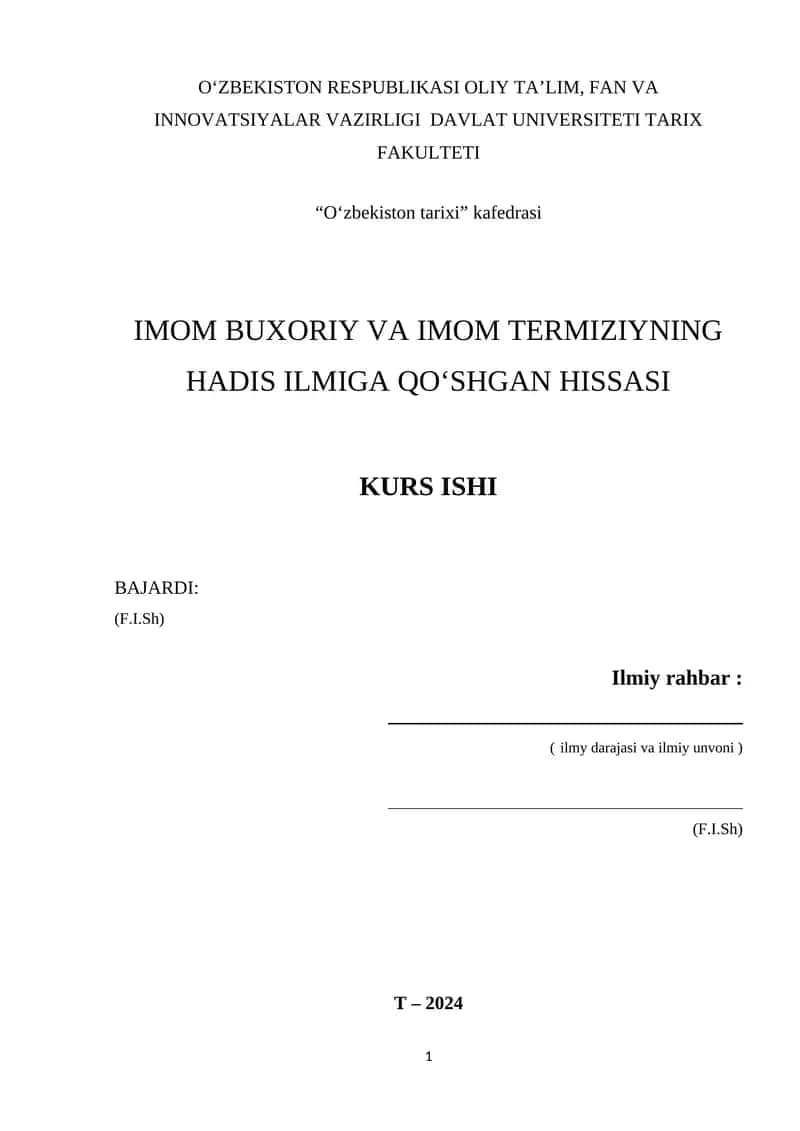 IMOM BUXORIY VA IMOM TERMIZIYNING HADIS ILMIGA QOʻSHGAN HISSASI 1