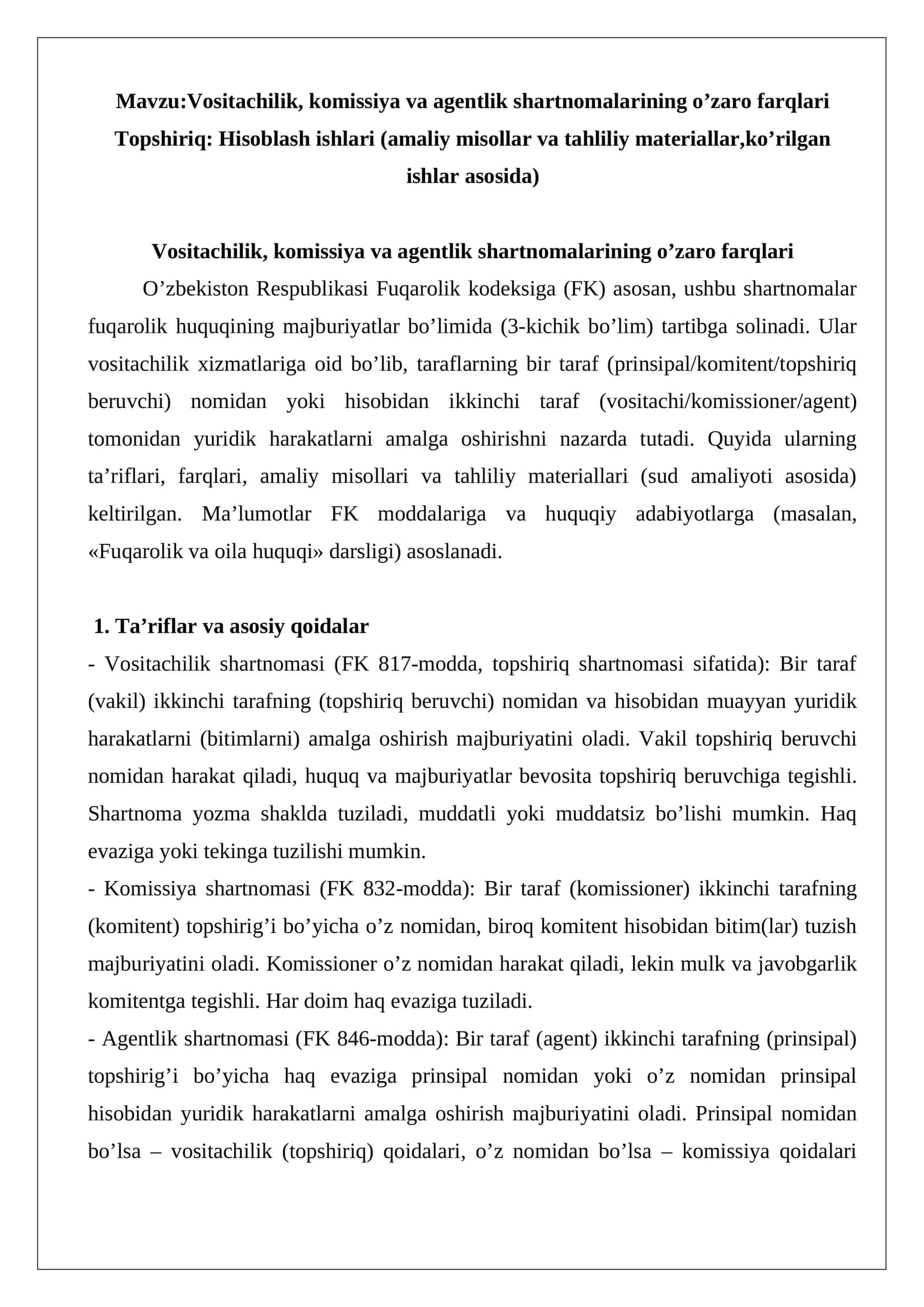 Vositachilik, komissiya va agentlik shartnomalarining o’zaro farqlari 1